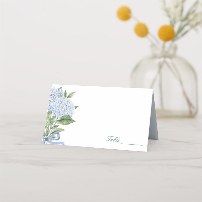 Cartão De Mesa Casamento Clássico com Hortênsia Azul (Frente)