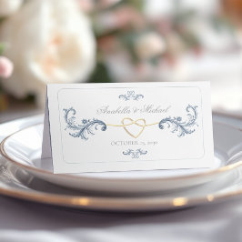 Cartão De Mesa Casamento Clássico em Azul Poeirento
