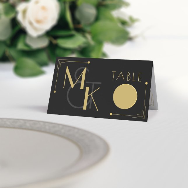 Cartão De Mesa Casamento com 1920 de Arte Negra e Dourada Deco Ga (Black & Gold Art Deco inspired place card suitable for 1920s themed weddings. Just add your details)