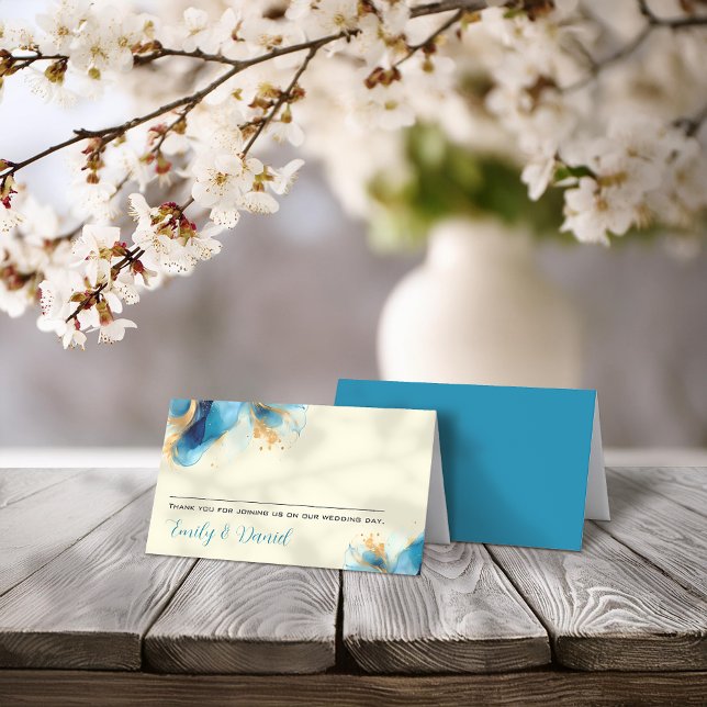 Cartão De Mesa Casamento com abstrato Azul e Dourada Aquarela (Criador carregado)