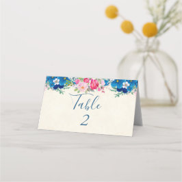 Cartão De Mesa Casamento com Borda de Flor Rosa e Azul Bonito