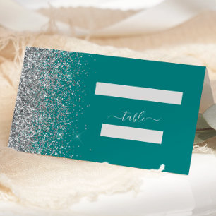 Cartão De Mesa Casamento com Borda de Glitter Azul Verde Prateado