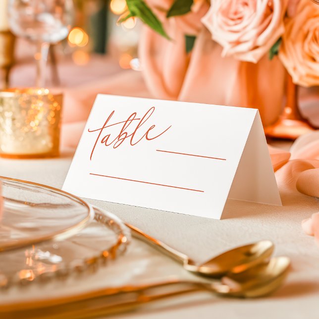 Cartão De Mesa Casamento com Caligrafia Simples Laranja Pôr do So (Criador carregado)