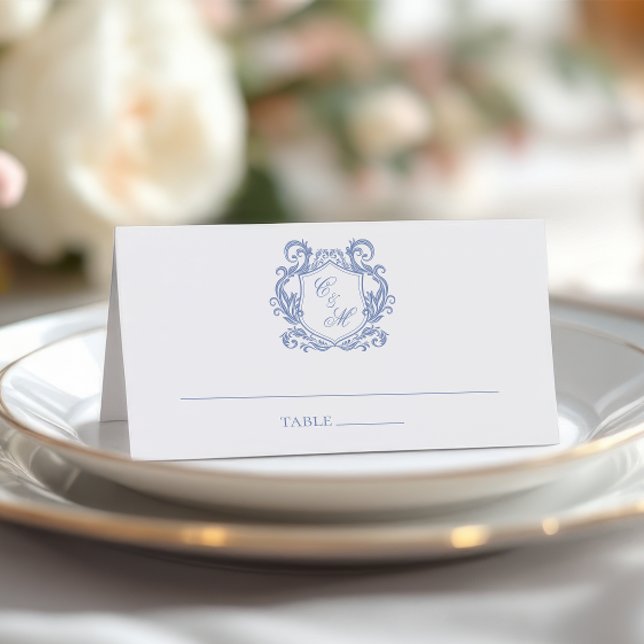 Cartão De Mesa Casamento com Crista de Monograma Azul Elegante Po (Criador carregado)