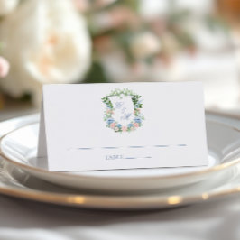 Cartão De Mesa Casamento com Crista Floral Azul Empoeirado