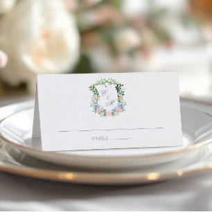 Cartão De Mesa Casamento com Crista Floral Azul Empoeirado