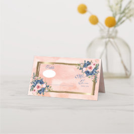 Cartão De Mesa Casamento com Marinho e Blush de Aquarela