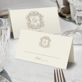 Cartão De Mesa Casamento com Monograma Crest Vintage de Marfim El