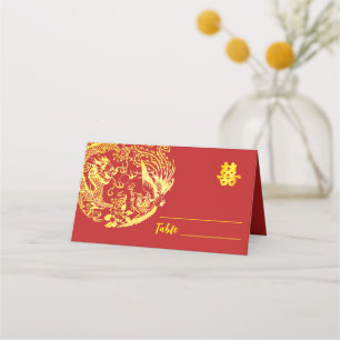 Cartão De Mesa Casamento com o logotipo do Dragão Chinês de ouro 