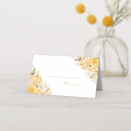 Cartão De Mesa Casamento com Rosa Amarela Elegante e Marfim