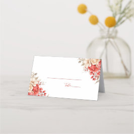 Cartão De Mesa Casamento com Rosa Vermelha e Marfim Elegantes