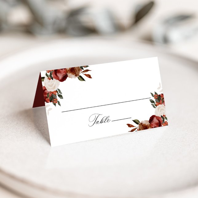 Cartão De Mesa Casamento com Rosas Rústicas em Borgonha e Marfim (Criador carregado)