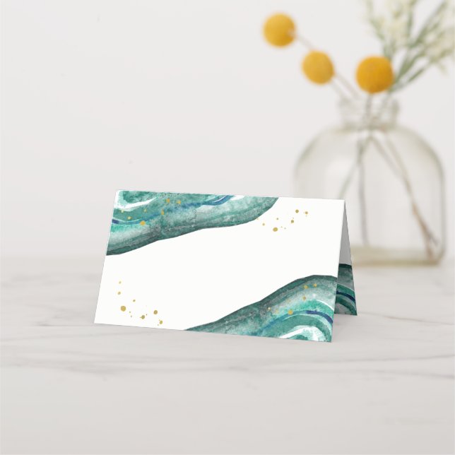 Cartão De Mesa Casamento com Teal de Aquarela e Geodo Dourado (Frente)