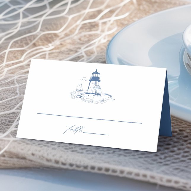 Cartão De Mesa Casamento com Toalete Azul de Farol Costeiro (Criador carregado)