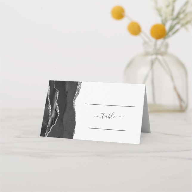 Cartão De Mesa Casamento de Ágata Prateada Preta Chic (Frente)