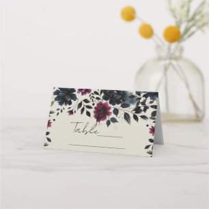 Cartão De Mesa Casamento de Amêndoa Floral Azul-Borgonha Inky