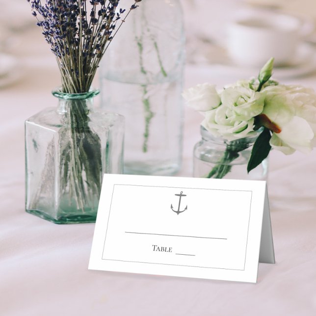 Cartão De Mesa Casamento de Âncora Náutica Simples | Branco (White Simple Nautical Anchor Wedding Place Card)