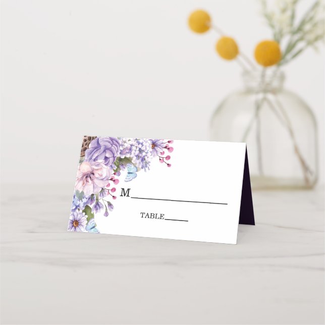 Cartão De Mesa Casamento de Aquarela Floral Roxo Elegante (Frente)