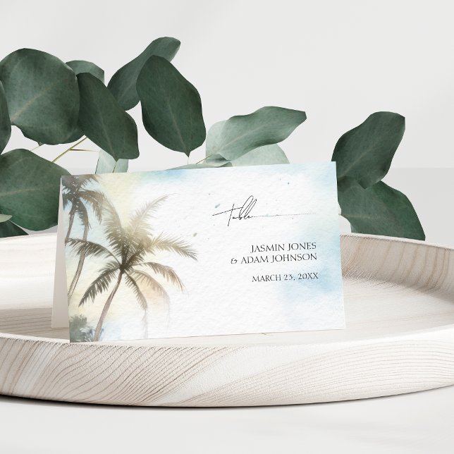 Cartão De Mesa Casamento de Árvores de Palma de Praia Tropical de (Watercolor Tropical Beach Palm Trees Wedding Place Card)