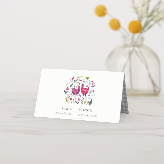 Cartão De Mesa Casamento de Aves Com Amor Floral Com Fazenda Bril (Frente)