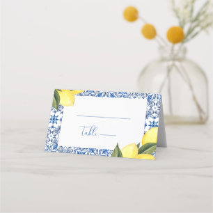 Cartão De Mesa Casamento de Azulejos e Citros do Mediterrâneo Azu