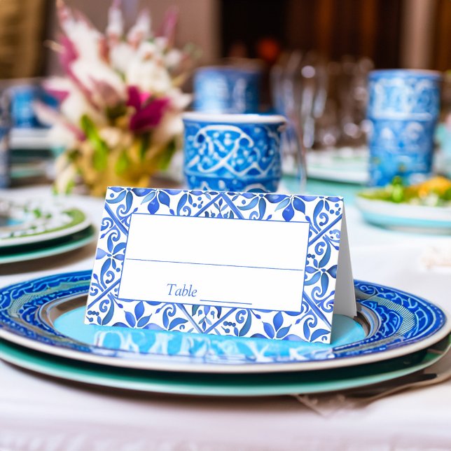 Cartão De Mesa Casamento de azulejos Espanhóis Blue Talavera Vint (Blue Talavera tiles vintage Mexican Spanish wedding Place Card personalized reception decor)