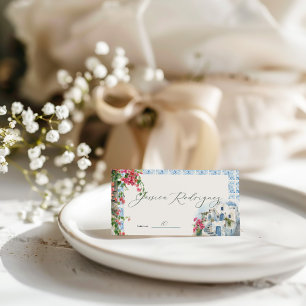 Cartão De Mesa Casamento de Azulejos Florais do Mediterrâneo gréc