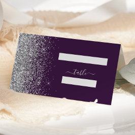 Cartão De Mesa Casamento de Borda Glitter de Prata Roxo Moderno E