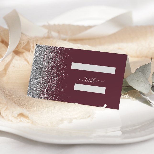 Cartão De Mesa Casamento de Borda Glitter Silver Moderno Burgundy (Criador carregado)