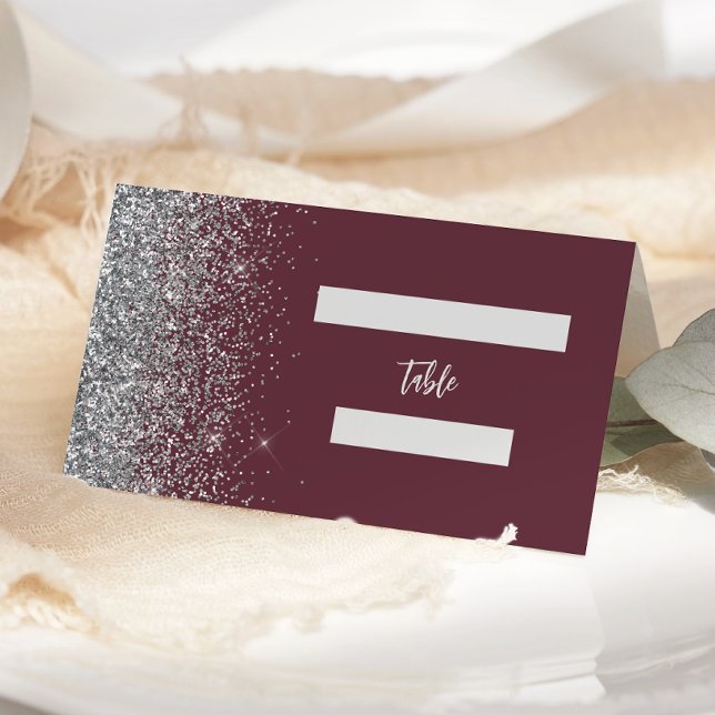 Cartão De Mesa Casamento de Borda Glitter Silver Moderno Burgundy (Criador carregado)