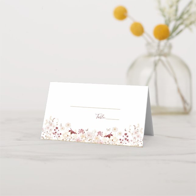 Cartão De Mesa Casamento de Borgonha e Flor Selvagem (Verso)