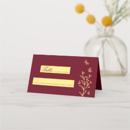 Cartão De Mesa Casamento de burgundy com flores de ouro simples