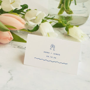 Cartão De Mesa Casamento de Desenho de Mão Azul Whimsical