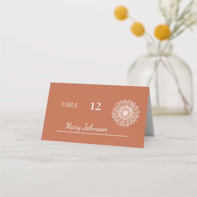 Cartão De Mesa Casamento de Desenho Floral Mínimo de Girassol (Frente)