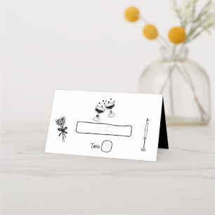 Cartão De Mesa Casamento de Desenhos Desenhados à Mão Negra
