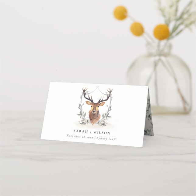 Cartão De Mesa Casamento de Dusky Deer Floral Crest (Frente)