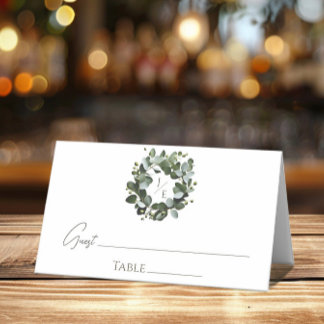 Cartão De Mesa Casamento de Eucalyptus Wreath, Monograma Moderno