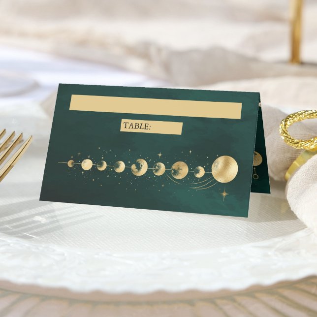 Cartão De Mesa Casamento de Fase da Lua Celestial Emerald Dourado (Criador carregado)