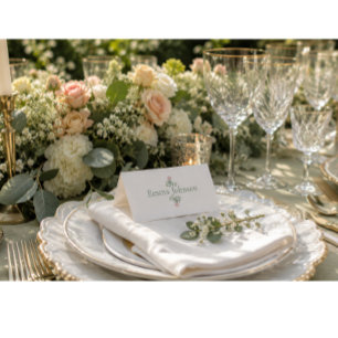 Cartão De Mesa Casamento de Flor Silvestre Verde Sálvia Folclore