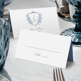 Cartão De Mesa Casamento de Floral Crest Monograma Azul Regência