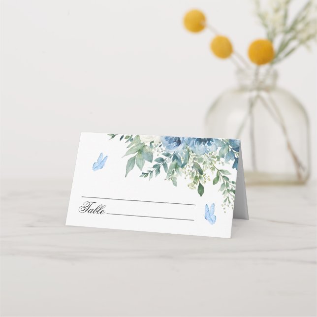 Cartão De Mesa Casamento de Flores Azuis Empoeiradas  (Frente)