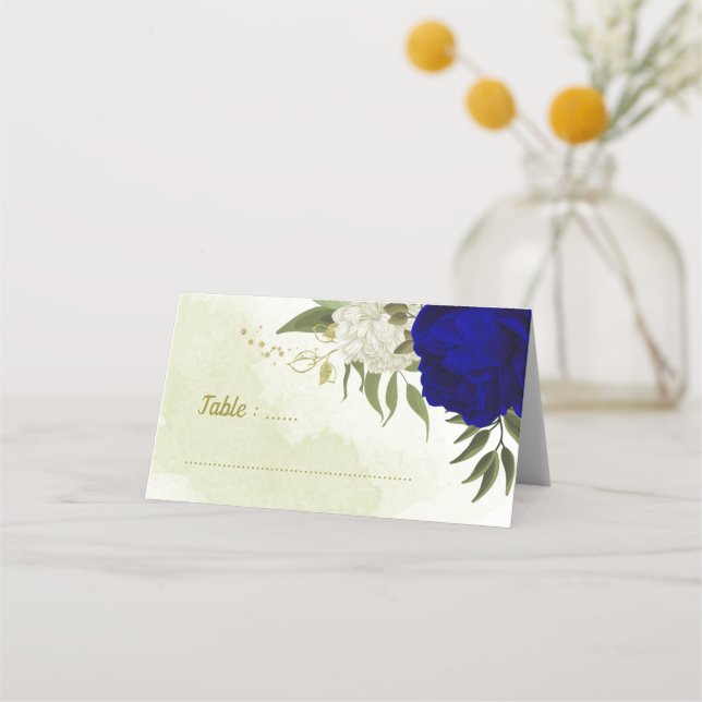 Cartão De Mesa casamento de flores brancas azuis reais (Frente)