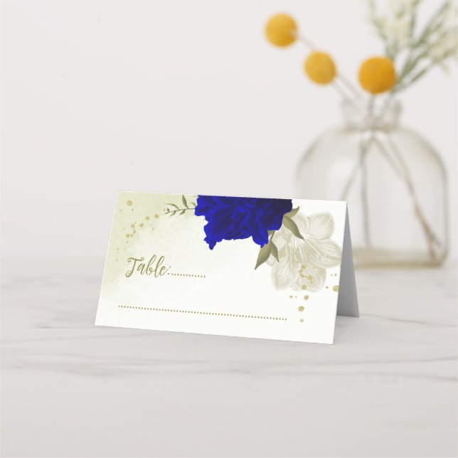 Cartão De Mesa casamento de flores brancas azuis reais (Frente)