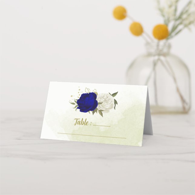 Cartão De Mesa casamento de flores brancas azuis reais (Frente)