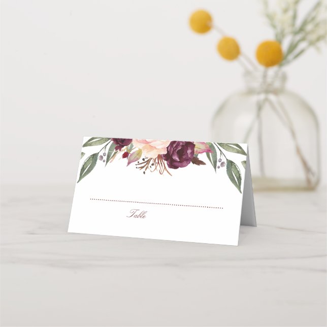 Cartão De Mesa Casamento de Flores de Aquarela Burgundy (Frente)