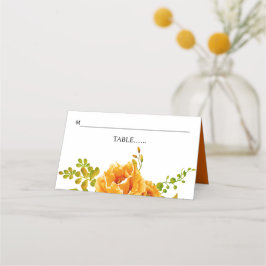 Cartão De Mesa Casamento de flores e folhas de aquarela laranja