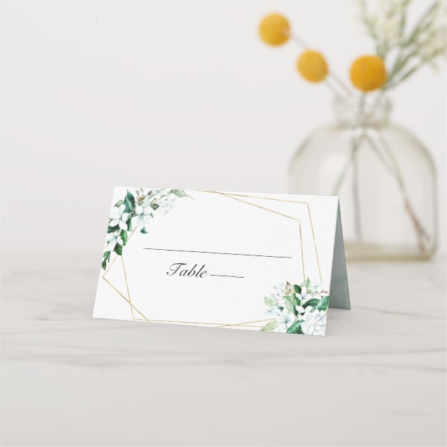 Cartão De Mesa Casamento de Flores Geométricas Verdes (Frente)