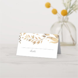 Cartão De Mesa Casamento de Folhas Brancas e Douradas