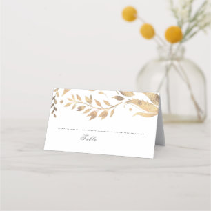 Cartão De Mesa Casamento de Folhas Brancas e Douradas