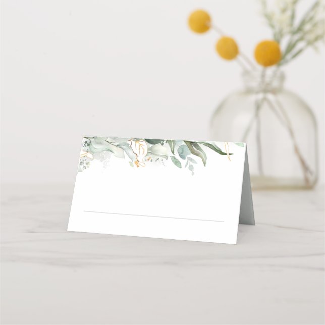 Cartão De Mesa Casamento de Folhas Douradas e Eucalyptus Greenery (Frente)